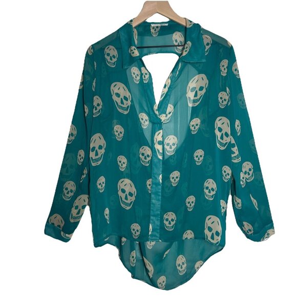 Honey Punch Large Skull Long Sleeve Teal Green Y2K Aria Top Office Halloween - Picture 1 of 11